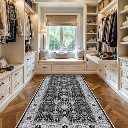Regine Switzerland Washable 4x8 Hallway Runner Rug - Vintage Soft Low Pile Carpet with Non-Slip Backing | Black