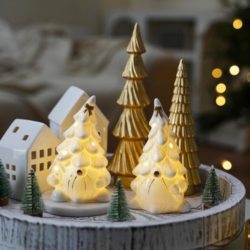 AOMOONOA Ceramic Christmas Tree Gnome - Lighted Tabletop Decoration for Indoor Holiday Decor - White
