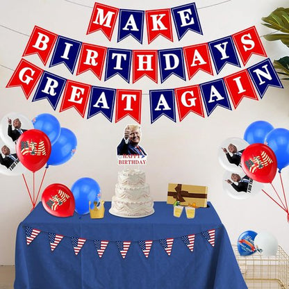 Make Birthdays Great Again Party Decorations Kit - Red & Blue Balloons, Banner & Cake Toppers for Patriotic Themes