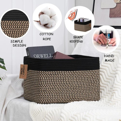 Comfy-Homi Cotton Rope Square Baskets - Versatile Storage Bins with Handles | 13.5" x 11" x 9.5" | Black/Jute