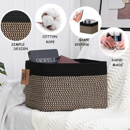 Comfy-Homi Cotton Rope Square Baskets - Versatile Storage Bins with Handles | 13.5" x 11" x 9.5" | Black/Jute