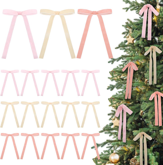 Skiennix 24 Pcs Velvet Bows - Vintage Ribbon Decorations for Christmas Trees & Crafts | 5 x 7 Inch, Beige, Light Pink, Dusty Pink