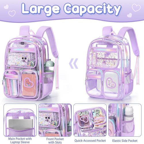 Fimibuke Clear Backpack - Heavy Duty PVC Transparent Bookbag for Girls | Includes Lunch Box & Pencil Case