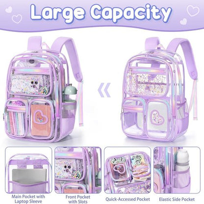 Fimibuke Clear Backpack - Heavy Duty PVC Transparent Bookbag for Girls | Includes Lunch Box & Pencil Case
