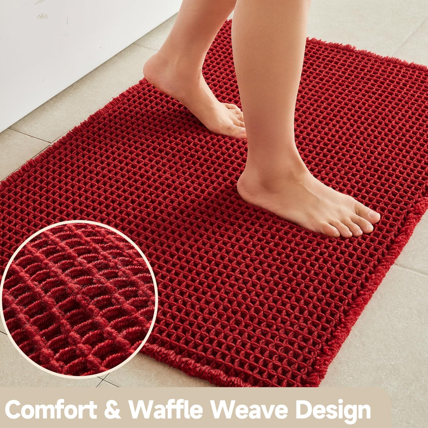 TYUU Waffle Bath Mat, Boho Bathroom Rugs Non Slip Washable Super Absorbent Quick Dry Bath Mat Farmhouse Bathroom Decor, 48"x24" Burgundy