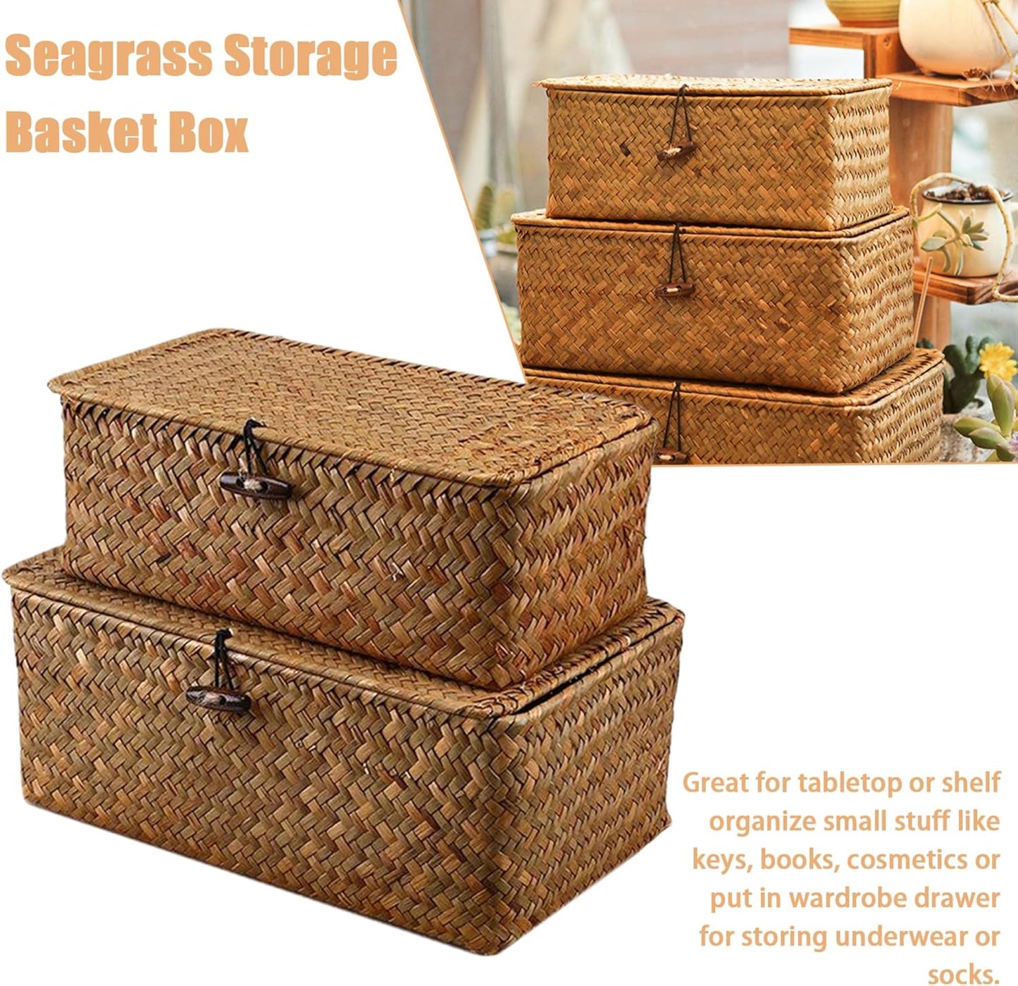 Skiennix Storage Baskets - 2 PCS Woven Seagrass Baskets with Lid for Stylish Organization | 10x6x4 & 9x5x3 Inches