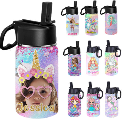 Personalized Kids Water Bottles with Cute Pattern 12oz Custom Gradient Color Water Cup with Kids Name Cute Water Bottle Gift for Girls Daughter Granddaughter Toddler Children School Birthday