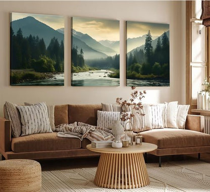 Framed 3Pcs Nature Landscape Wall Art Misty Forest Prints Mountain Pictures Dark Green Plant Posters Botanical River Canvas Painting Home Wall Decor for Living Room Bedroom Bathroom 16x24in