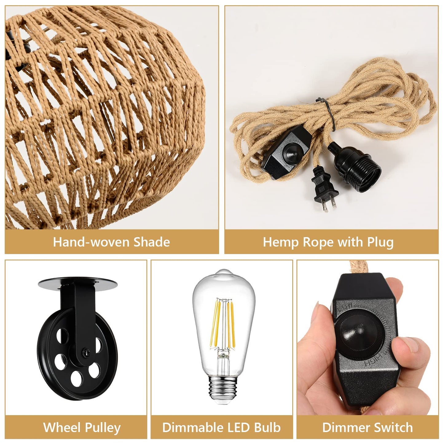 Rattan Plug in Pendant Light with LED Bulb&Pulley, Boho Hanging Lights with Plug in Cord 15ft, Wicker Woven Chandelier Light Fixtures with Dimmer Switch for Bedroom Living Dinning Room Kitchen
