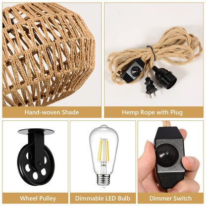 Rattan Plug in Pendant Light with LED Bulb&Pulley, Boho Hanging Lights with Plug in Cord 15ft, Wicker Woven Chandelier Light Fixtures with Dimmer Switch for Bedroom Living Dinning Room Kitchen
