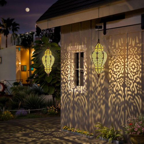 Hapjoy Moroccan Solar Lanterns - Waterproof Outdoor Garden Decor | Gold Hanging Lights (1 Pack)