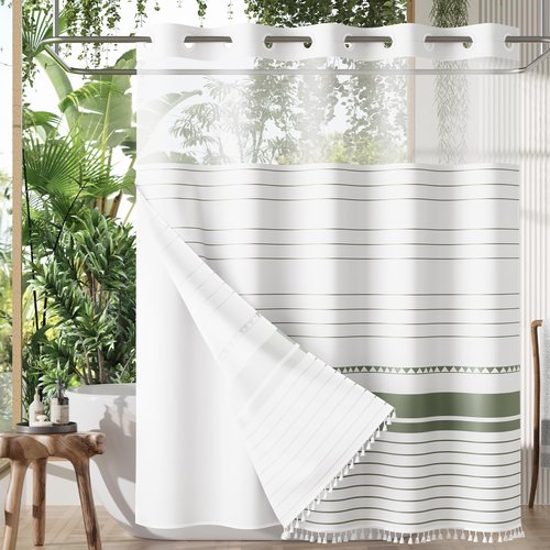 AmazerBath Boho Sage Green Shower Curtains for Bathroom, Heavy No Hook Shower Curtain and Liner Set, Striped Fabric Shower Curtain Farmhouse with Tassels, Washable & Waterproof, 74"x72"