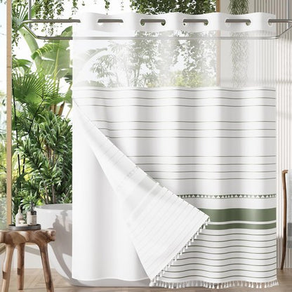 AmazerBath Boho Sage Green Shower Curtains for Bathroom, Heavy No Hook Shower Curtain and Liner Set, Striped Fabric Shower Curtain Farmhouse with Tassels, Washable & Waterproof, 74"x72"