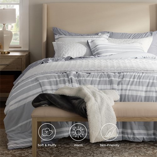Bedsure Queen Comforter Set 7 Pieces, Grey Striped Bedding Set for All Seasons, Reversible, Cationic Dyeing Bed in a Bag with Comforter, Sheets, Pillowcases & Shams