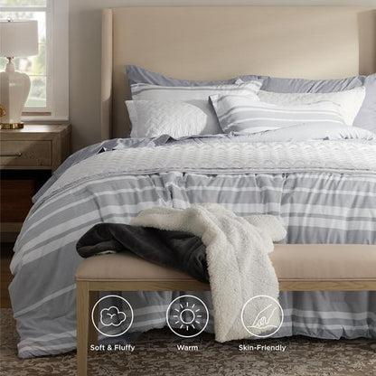 Bedsure Queen Comforter Set 7 Pieces, Grey Striped Bedding Set for All Seasons, Reversible, Cationic Dyeing Bed in a Bag with Comforter, Sheets, Pillowcases & Shams