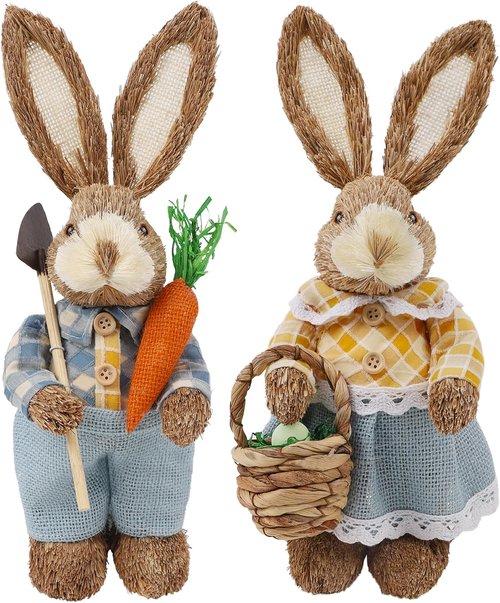 DR.DUDU Easter Decorations - Set of 2 Rustic 13" Bunny Figurines with Carrot | Spring Tabletop Decor