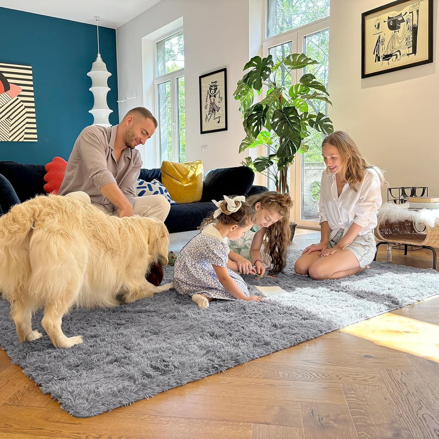OLANLY 6x6 Area Rug - Soft, Fluffy Shaggy Design for Living Room & Bedroom | Machine Washable, Light Grey