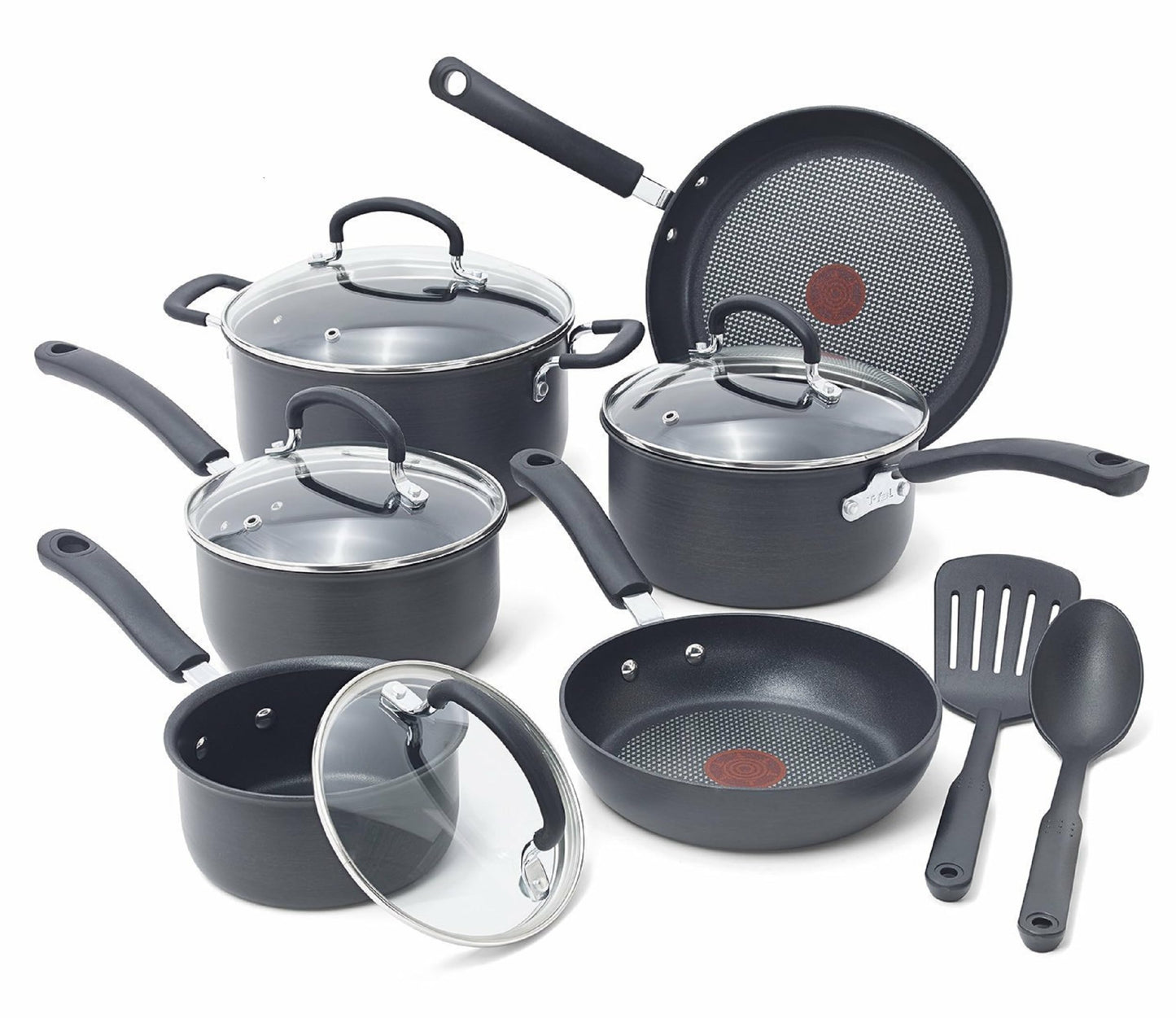 T-fal Ultimate Hard Anodized Nonstick Cookware Set 12 Piece, Oven Broiler Safe 400F, Lid Safe 350F, Kitchen Cooking Set w/ Fry Pans, Saucepans, Dutch Oven, Pots and Pans, Dishwasher Safe, Black