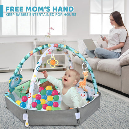 Skiennix Baby Gym Play Mat - 8-in-1 Tummy Time & Ball Pit with 6 Washable Toys | Sensory Development for Infants 0-12 Months