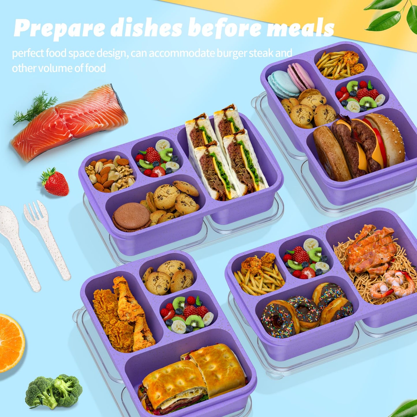 Bento Box for Adults and Snack Containers Set of 4 - Stackable, with 4 Compartments, Microwave & Dishwasher Safe, BPA Free - Reusable Meal Prep Containers for Kids and Adults (Purple)