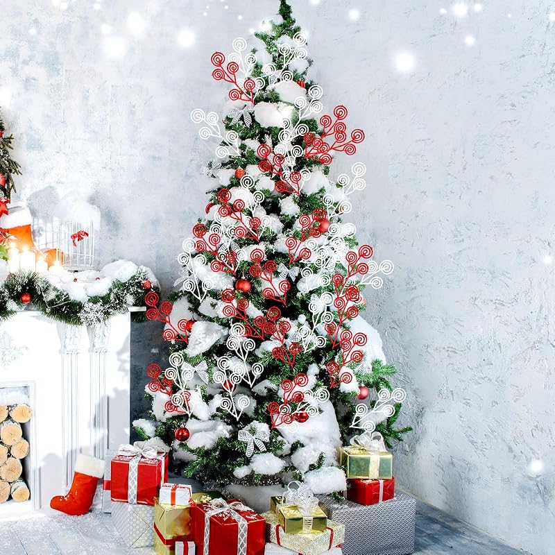 Riceshoot 50 Pcs Christmas Tree Picks Red & White Glitter Sprays - 34 cm