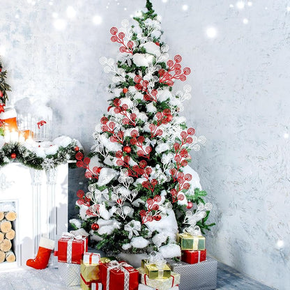 Riceshoot 50 Pcs Christmas Tree Picks Red & White Glitter Sprays - 34 cm