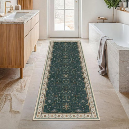 Hazo Haus Vintage 2x7 Washable Runner Rug - Non-Slip, Stain Resistant, Victorian Floral Design | Dark Green