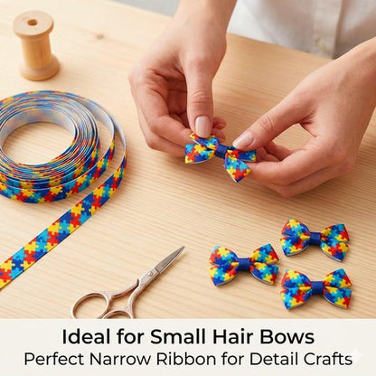 3/8" Narrow Autism Awareness Ribbon - 25 Yards Thin Grosgrain for Hair Bows & Crafts