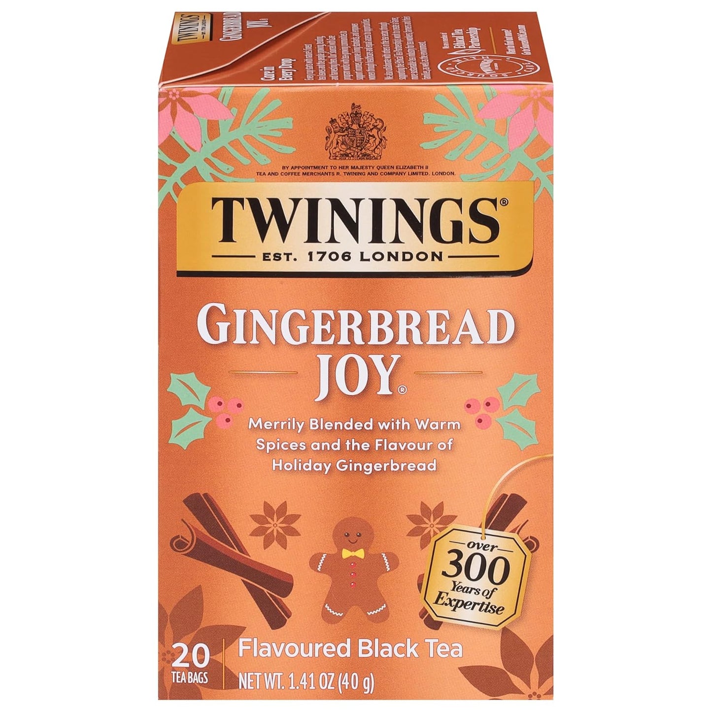 Twinings Gingerbread Joy Black Tea - Caffeinated Ginger & Cinnamon Flavor | 20 Individually Wrapped Teabags