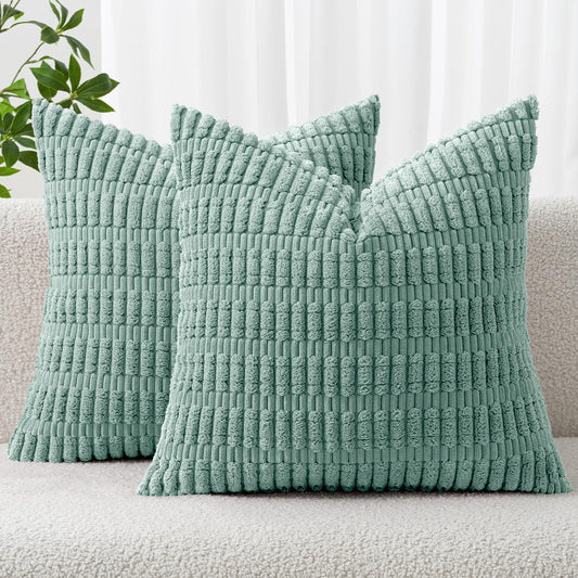 MIULEE Corduroy Throw Pillow Covers - Soft Boho Striped Design, 20x20 Inch, Teal Green for Modern Farmhouse Decor