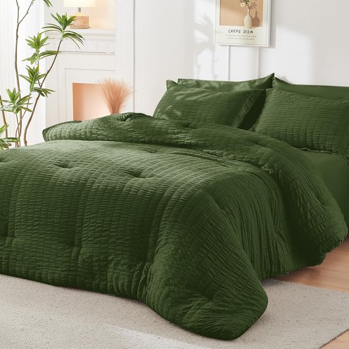 HYMOKEGE Olive Green Twin XL Comforter Set Seersucker 5 Pieces, All Season Luxury Bed in a Bag for Bedroom, Bedding Set with Comforter, Sheets, Pillowcase & Sham