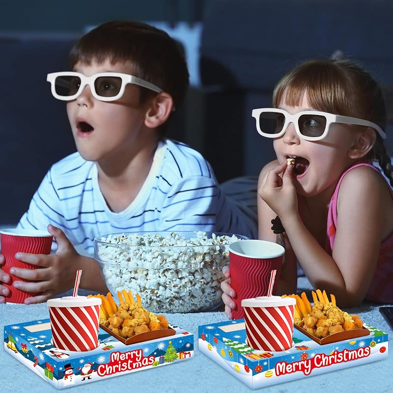 Christmas Movie Night Snack Tray Set – 32pc Paper Popcorn & Drink Holders for Party, Snowman & Santa Snow-themed