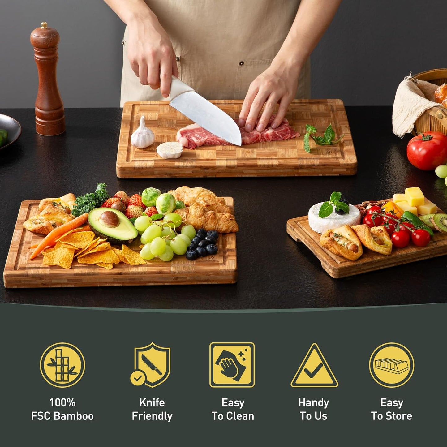 Skiennix Heavy Duty Bamboo Cutting Board Set - Non-Toxic, Extra Large, Solid End Grain Design | Ideal Kitchen Gift
