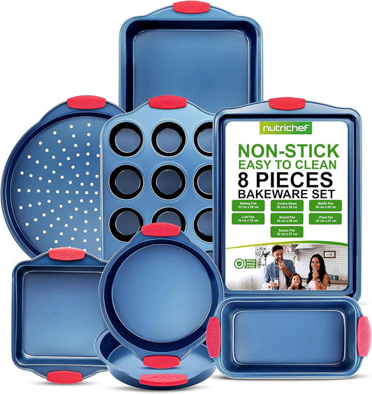 NutriChef 8-Piece Nonstick Baking Pan Set - Premium Carbon Steel Bakeware with Silicone Handles - Blue