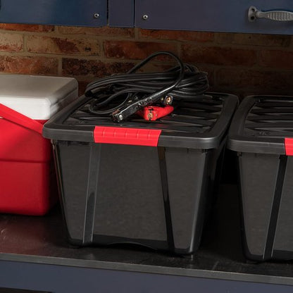 IRIS USA Plastic Storage Box with Lid & Latches - 30L (32 QT) - Durable, BPA-Free, Black | 4 Pack