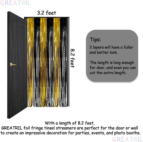 GREATRIL Black and Gold Party Streamers - Foil Fringe Backdrop for NYE, Anniversaries, Birthdays | 3.2ft X 8.2ft - 2 Packs
