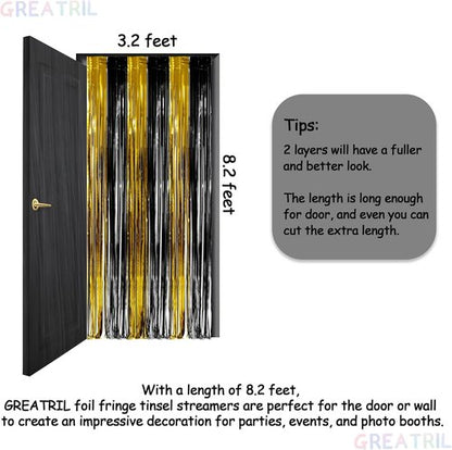 GREATRIL Black and Gold Party Streamers - Foil Fringe Backdrop for NYE, Anniversaries, Birthdays | 3.2ft X 8.2ft - 2 Packs