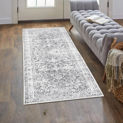Skiennix Vintage Washable Runner Rug - Soft Non-Slip Farmhouse Mat for Hallway & Kitchen | Gray 2x6 ft