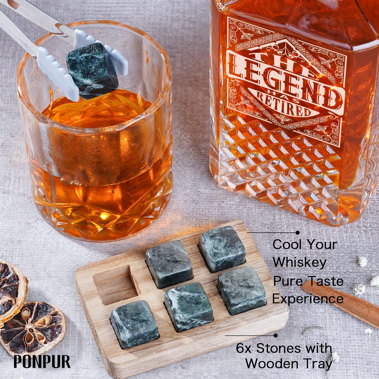 PONPUR The Legend Has Retired 2025 Retirement Gifts for Men Women, Whiskey Decanter Gift Set with 2 Whisky Glasses, Best Christmas Fathers Day Birthday Presents for Dad Coworkers Teacher