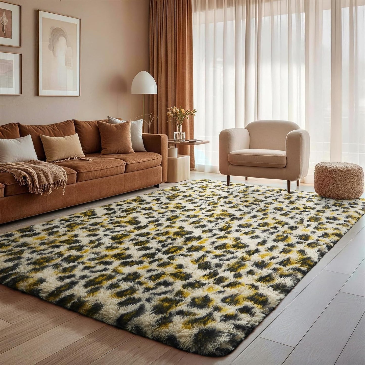 Ophanie Leopard Print Area Rug - Fluffy Shag Soft Throw for Bedroom & Living Room | Large 4x6 Size