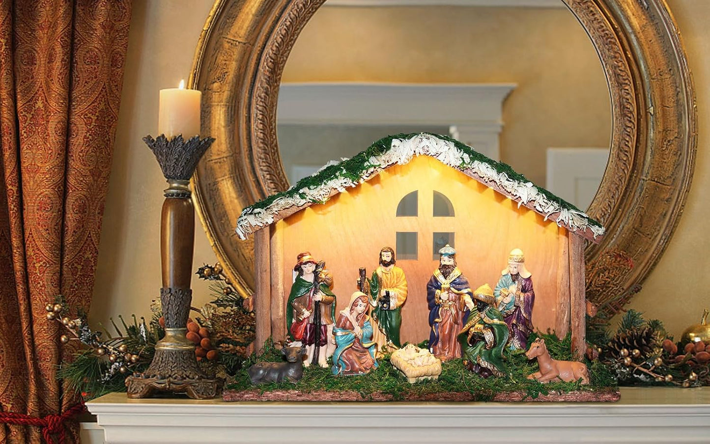 Regine Switzerland Lighted Christmas Nativity Set - Indoor Wooden Stable & Figures for Festive Tabletop Decor