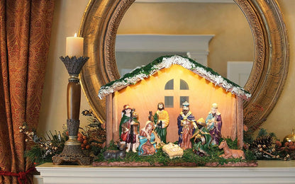 Regine Switzerland Lighted Christmas Nativity Set - Indoor Wooden Stable & Figures for Festive Tabletop Decor