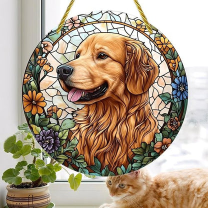 Golden Retriever Acrylic Suncatcher - 7-Inch Floral Stained Glass Window Art Decor | Perfect Gift & Garden Ornament