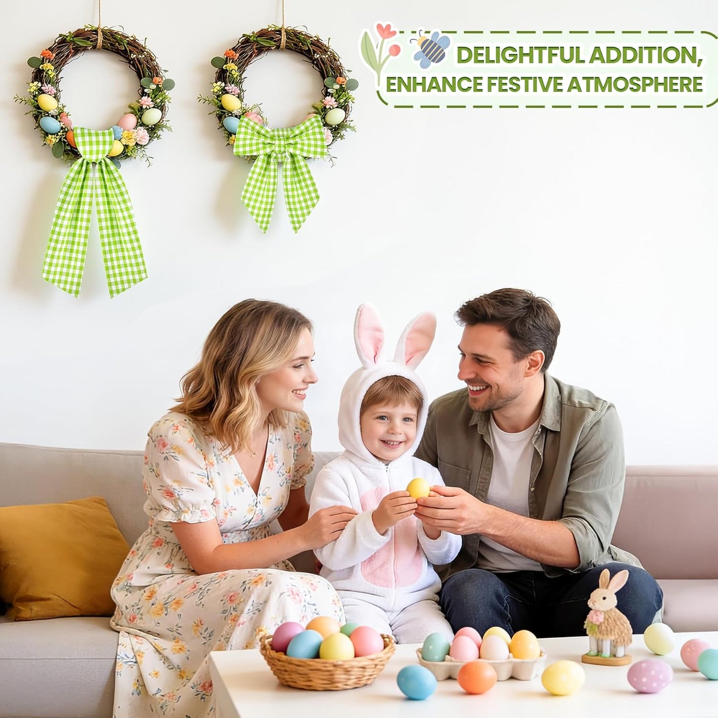 Skiennix Spring Wreath Sash - 56 Inch Green and White Plaid for Holiday Indoor/Outdoor Decor