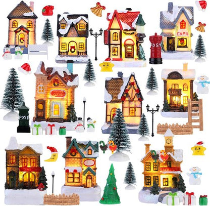 Barydat Christmas Village Figurines Set - 60 LED Lighted Mini Houses for Holiday Decor | Winter Table Decoration
