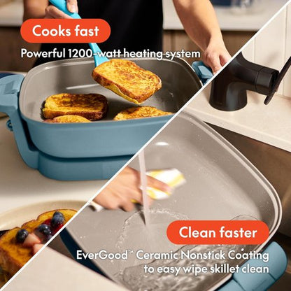 Bella Make & Take Electric Skillet - Adjustable Temperature | Dishwasher-Safe Glass Lid, 1200W, Surf Color