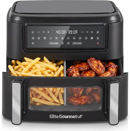 Elite Gourmet 11QT Dual Zone Air Fryer Oven - Sync Cook & Finish, PFAS Free Nonstick, 10 Presets, Black