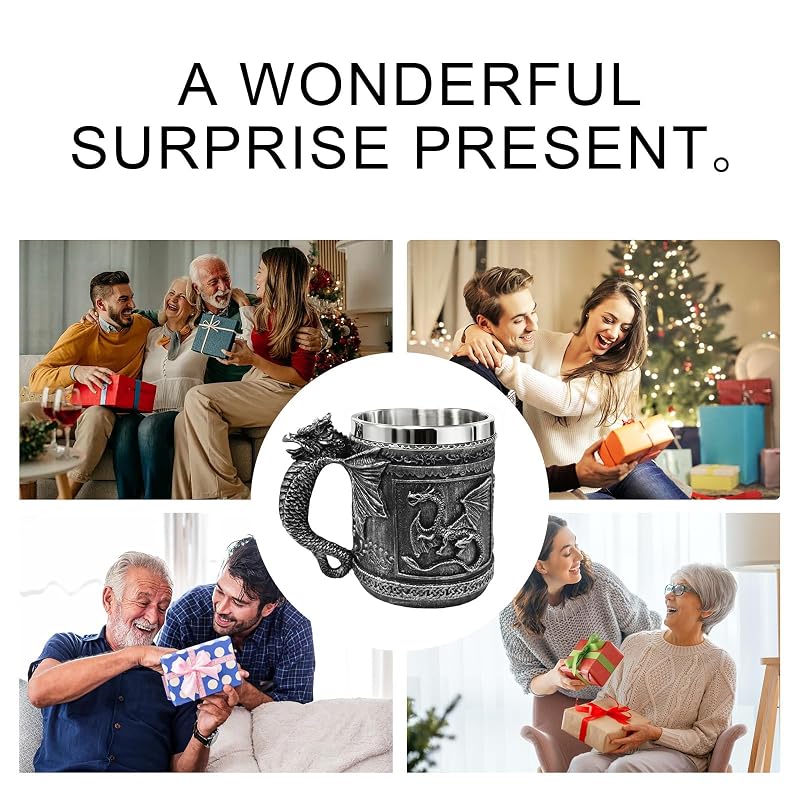 Silver Variation Medieval Roaring Dragon Beer Mug 16oz – Resin Exterior with Stainless Steel Lining