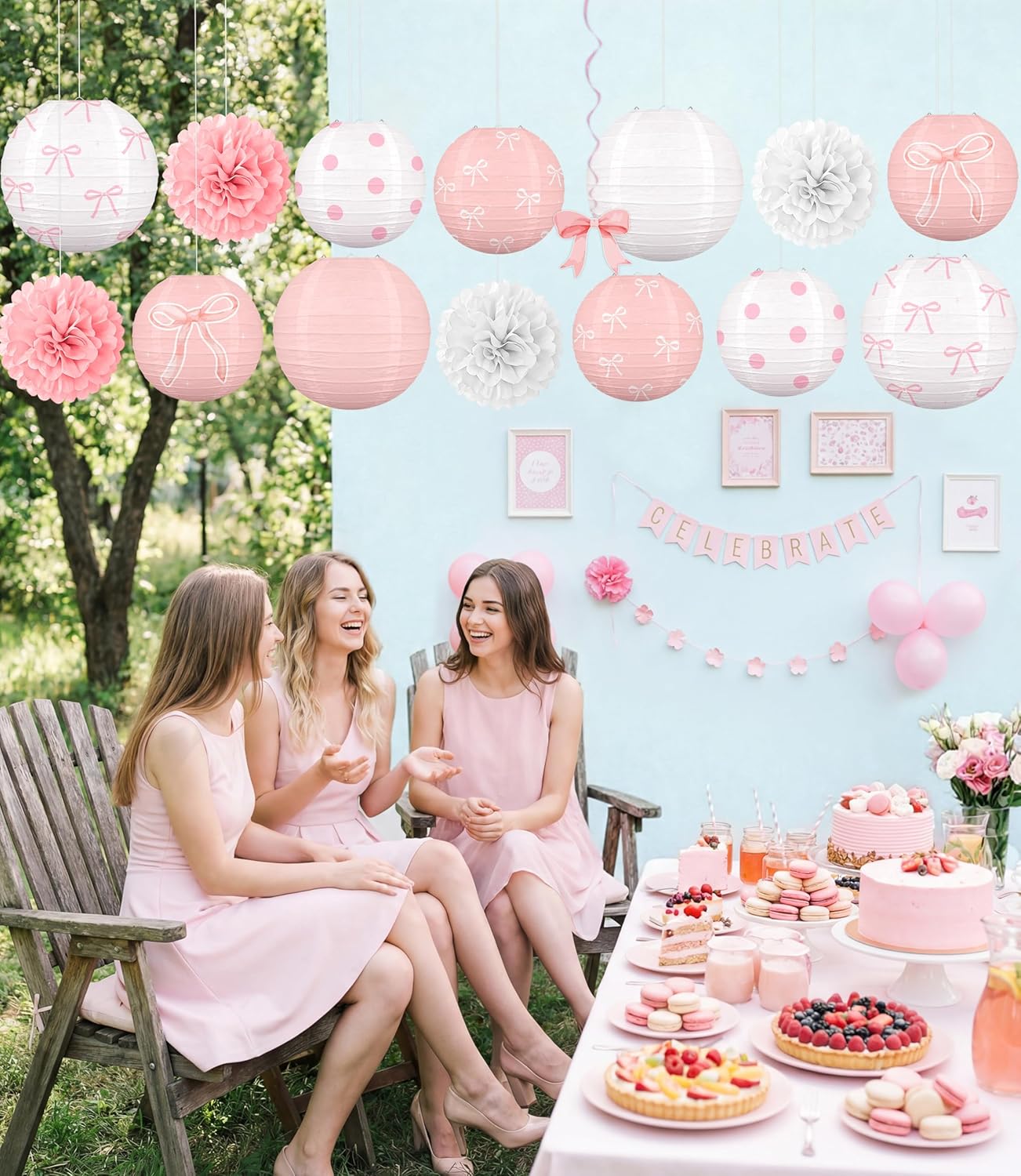 Skiennix 15-Piece Pink Bow Birthday Party Decorations - Paper Lanterns for Girls' Baby Showers