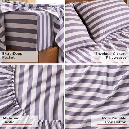 Mellanni King Sheets Set - 4 PC Iconic Collection Bedding - Hotel Luxury, Extra Soft, Cooling Bed Sheets - Wrinkle, Fade, Stain Resistant (King, Oxford Stripe Hazy Lilac)